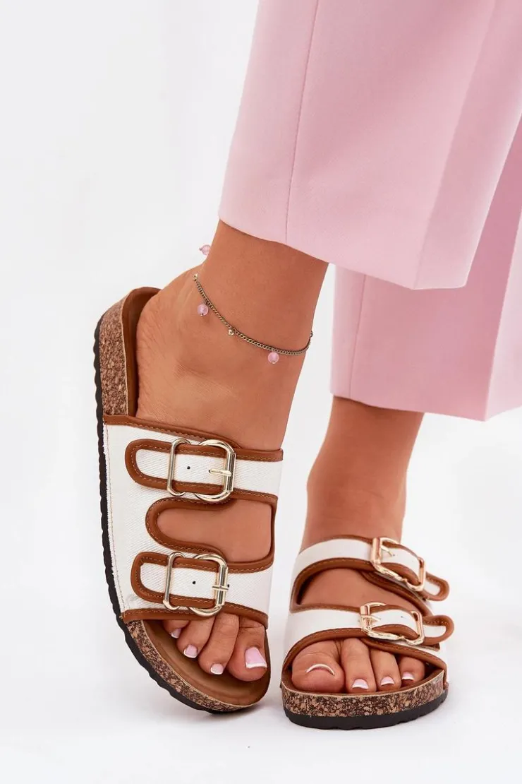 Boto Klapki Korkowe|Klapki Damskie Klasyczne*Materiałowe Klapki Damskie Na Korkowej Platformie Z Klamrami Białe Osoffe Biały