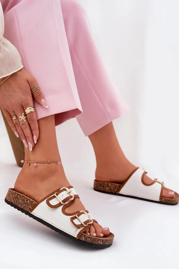 Boto Klapki Korkowe|Klapki Damskie Klasyczne*Materiałowe Klapki Damskie Na Korkowej Platformie Z Klamrami Białe Osoffe Biały