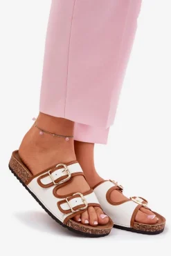 Boto Klapki Korkowe|Klapki Damskie Klasyczne*Materiałowe Klapki Damskie Na Korkowej Platformie Z Klamrami Białe Osoffe Biały