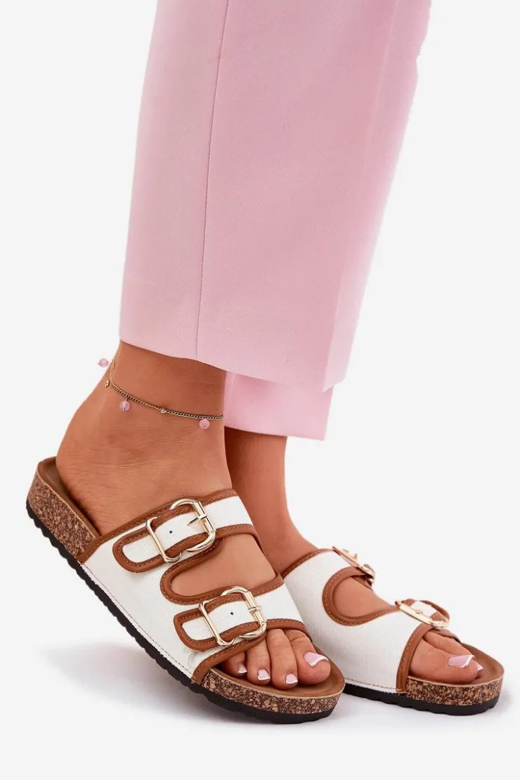 Boto Klapki Korkowe|Klapki Damskie Klasyczne*Materiałowe Klapki Damskie Na Korkowej Platformie Z Klamrami Białe Osoffe Biały