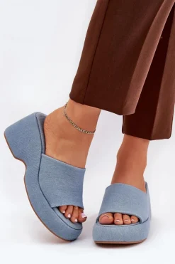 New Boto Materiałowe Klapki Damskie Na Platformie I Koturnie Jeansowe Afisal Niebieski