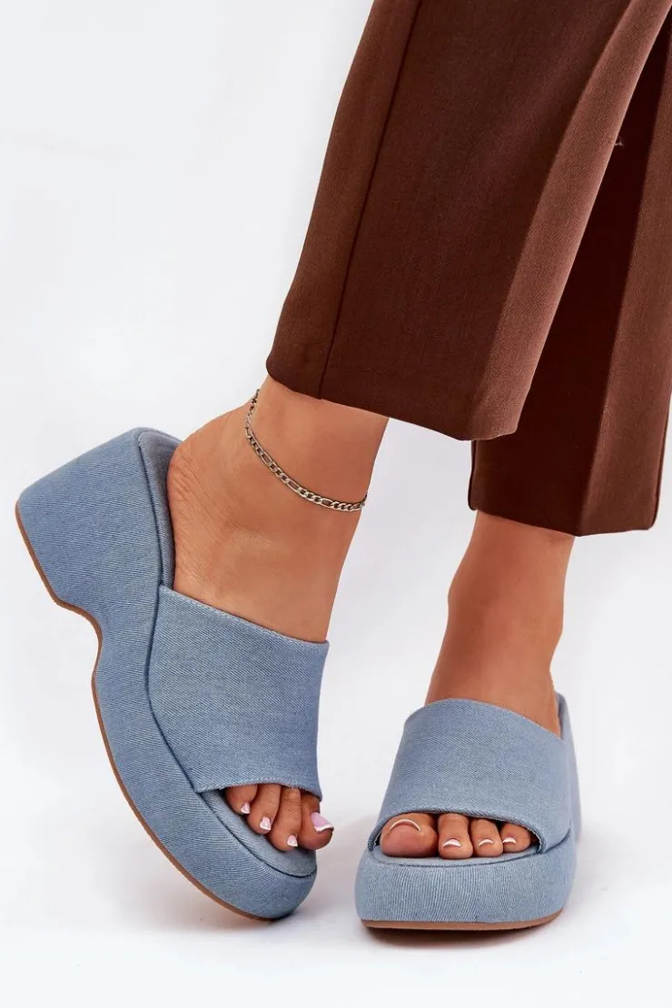 New Boto Materiałowe Klapki Damskie Na Platformie I Koturnie Jeansowe Afisal Niebieski