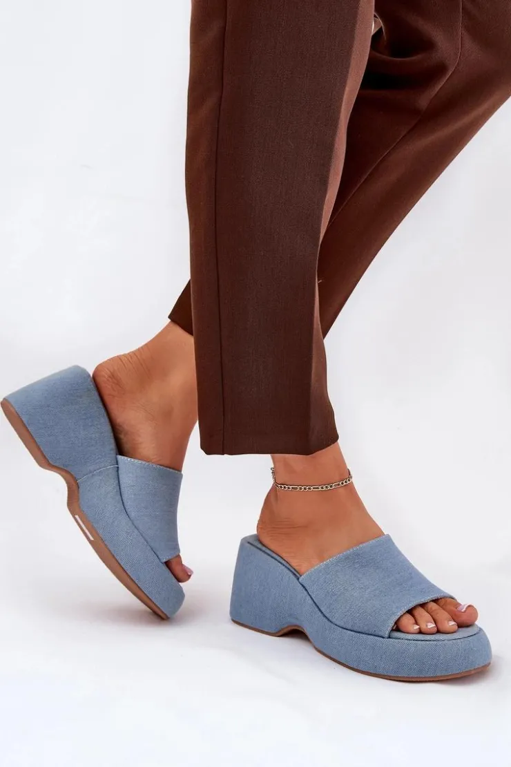 New Boto Materiałowe Klapki Damskie Na Platformie I Koturnie Jeansowe Afisal Niebieski