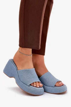 New Boto Materiałowe Klapki Damskie Na Platformie I Koturnie Jeansowe Afisal Niebieski