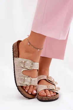 Hot Boto Materiałowe Klapki Damskie Na Korkowej Platformie Z Klamrami Złote Osoffe Złoty