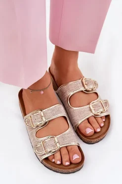 Hot Boto Materiałowe Klapki Damskie Na Korkowej Platformie Z Klamrami Złote Osoffe Złoty