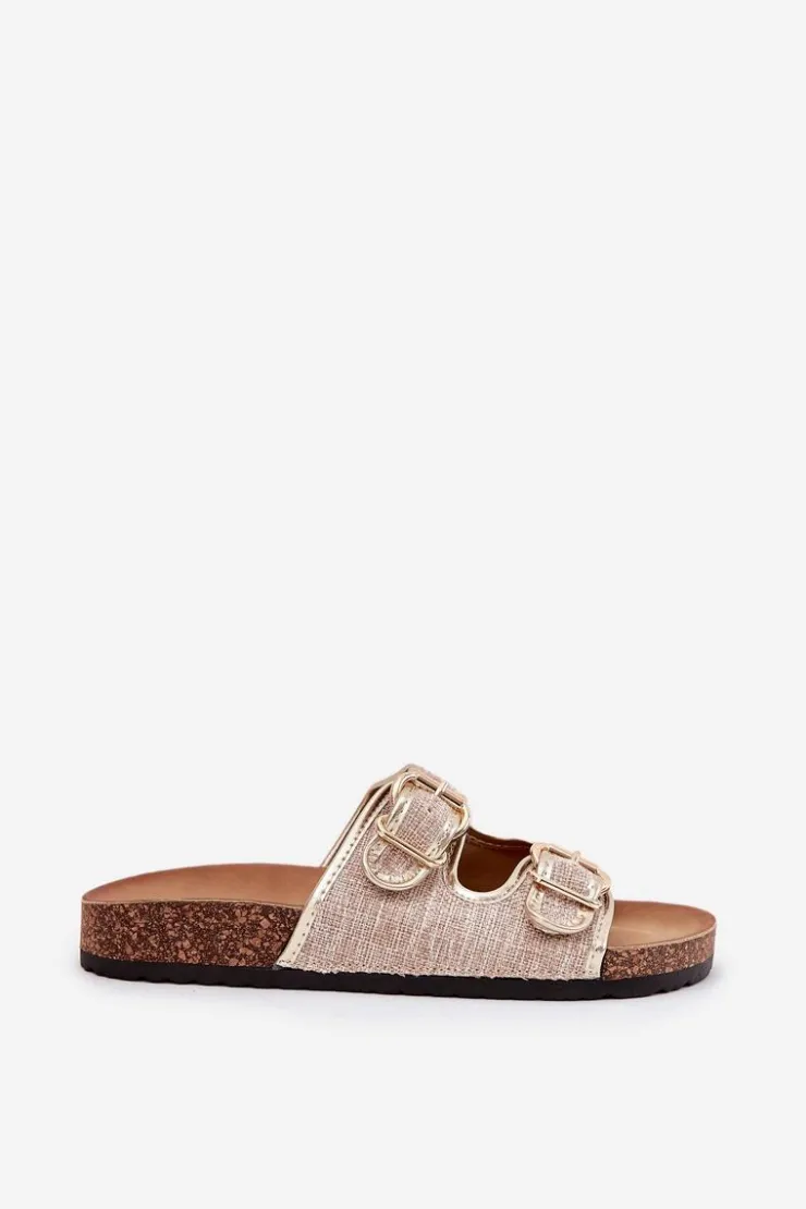 Hot Boto Materiałowe Klapki Damskie Na Korkowej Platformie Z Klamrami Złote Osoffe Złoty