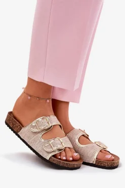 Hot Boto Materiałowe Klapki Damskie Na Korkowej Platformie Z Klamrami Złote Osoffe Złoty