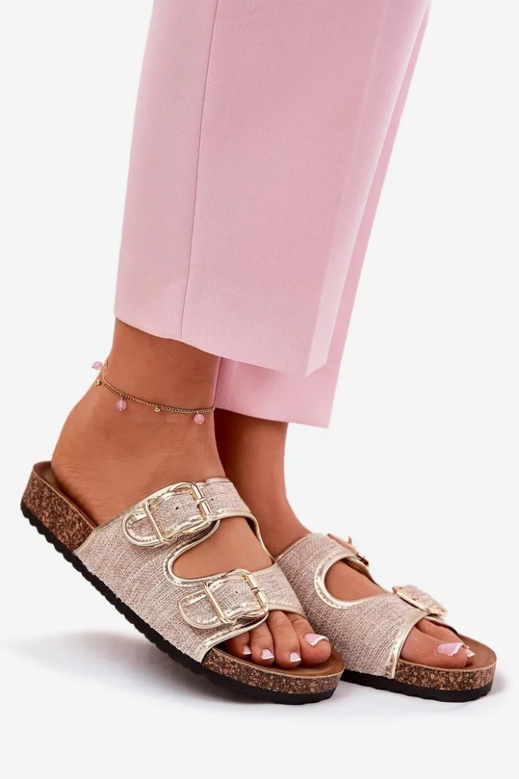 Hot Boto Materiałowe Klapki Damskie Na Korkowej Platformie Z Klamrami Złote Osoffe Złoty