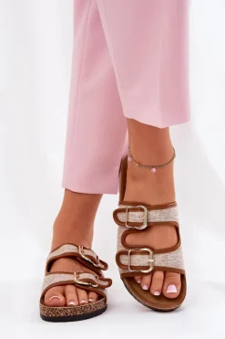 Damskie Boto Materiałowe Klapki Damskie Na Korkowej Platformie Z Klamrami Camel Osoffe