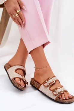 Damskie Boto Materiałowe Klapki Damskie Na Korkowej Platformie Z Klamrami Camel Osoffe