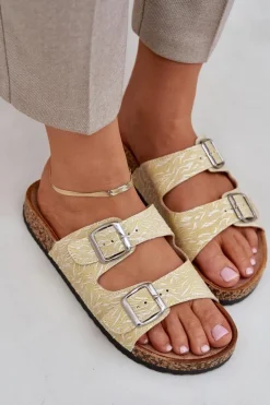 Boto Klapki Korkowe|Klapki Na Platformie*Materiałowe Klapki Na Korkowej Podeszwie Z Klamrami Żółte Atera Żółty