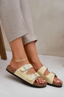 Boto Klapki Korkowe|Klapki Na Platformie*Materiałowe Klapki Na Korkowej Podeszwie Z Klamrami Żółte Atera Żółty