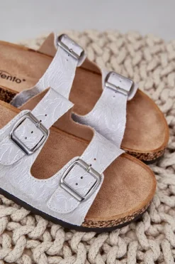 Discount Boto Materiałowe Klapki Na Korkowej Podeszwie Z Klamrami Jasnoszare Atera