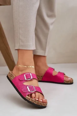 Damskie Boto Materiałowe Klapki Na Korkowej Podeszwie Z Klamrami Fuksja Atera