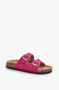 Damskie Boto Materiałowe Klapki Na Korkowej Podeszwie Z Klamrami Fuksja Atera