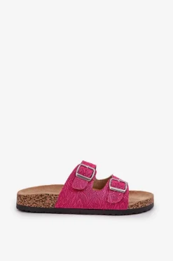 Damskie Boto Materiałowe Klapki Na Korkowej Podeszwie Z Klamrami Fuksja Atera
