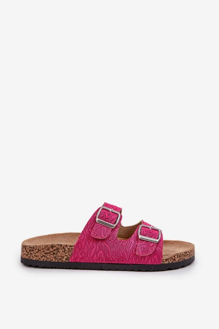 Damskie Boto Materiałowe Klapki Na Korkowej Podeszwie Z Klamrami Fuksja Atera