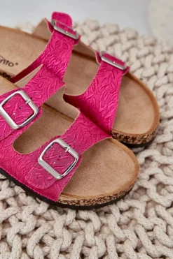 Damskie Boto Materiałowe Klapki Na Korkowej Podeszwie Z Klamrami Fuksja Atera