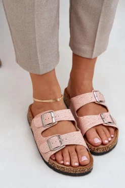 Best Boto Materiałowe Klapki Na Korkowej Podeszwie Z Klamrami Różowe Atera Różowy