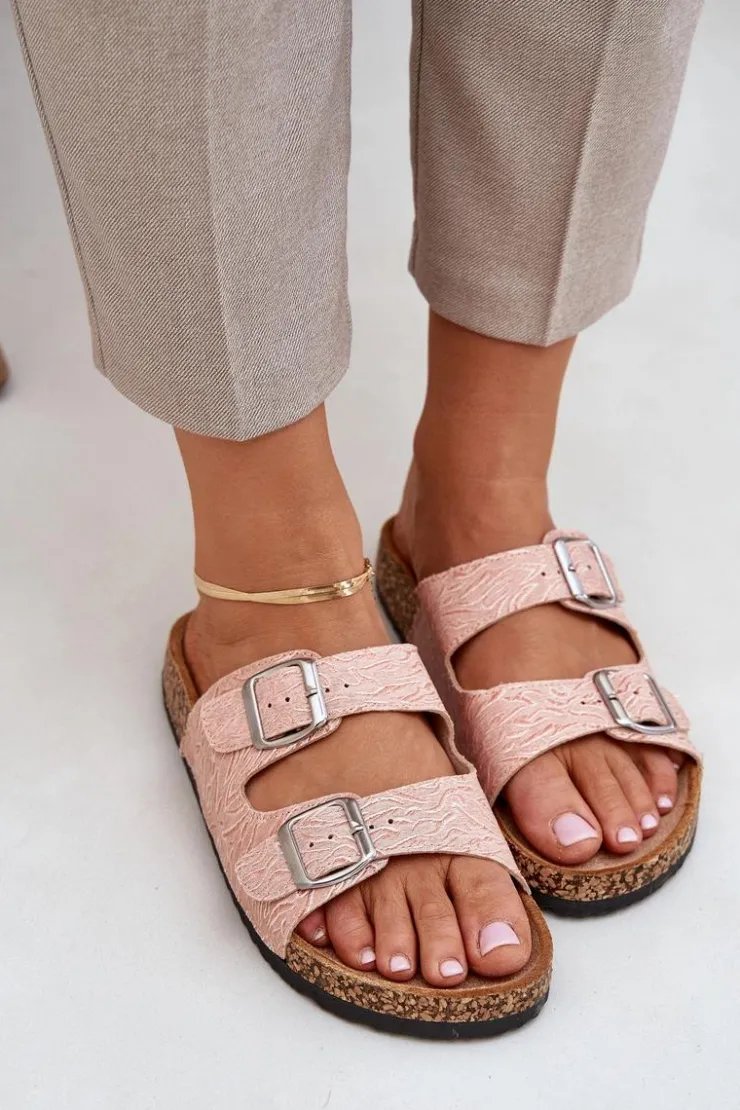 Best Boto Materiałowe Klapki Na Korkowej Podeszwie Z Klamrami Różowe Atera Różowy