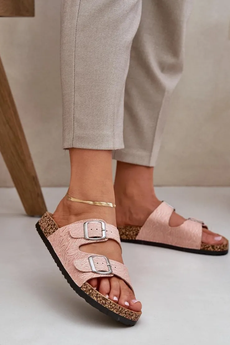 Best Boto Materiałowe Klapki Na Korkowej Podeszwie Z Klamrami Różowe Atera Różowy