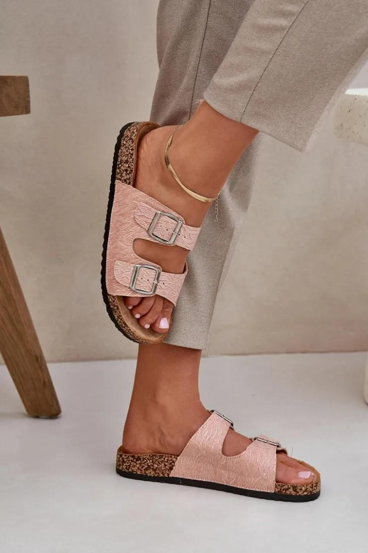 Best Boto Materiałowe Klapki Na Korkowej Podeszwie Z Klamrami Różowe Atera Różowy