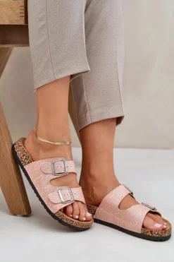 Best Boto Materiałowe Klapki Na Korkowej Podeszwie Z Klamrami Różowe Atera Różowy