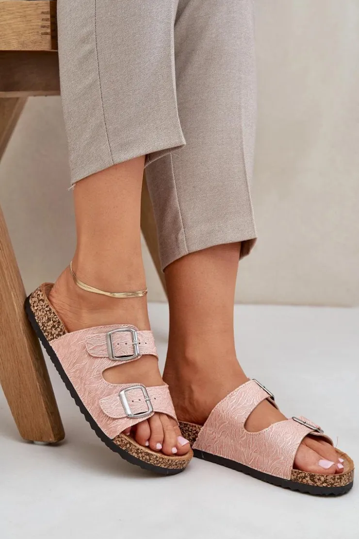 Best Boto Materiałowe Klapki Na Korkowej Podeszwie Z Klamrami Różowe Atera Różowy