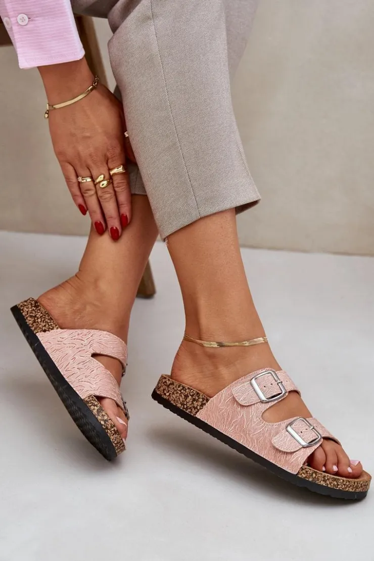 Best Boto Materiałowe Klapki Na Korkowej Podeszwie Z Klamrami Różowe Atera Różowy