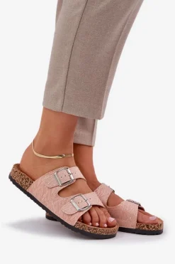 Best Boto Materiałowe Klapki Na Korkowej Podeszwie Z Klamrami Różowe Atera Różowy