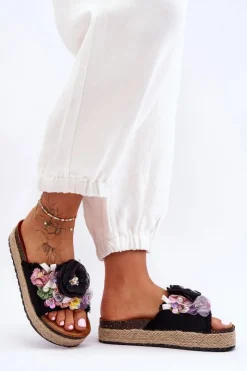 New Boto Materiałowe Klapki Z Kwiatami Czarne Nessa