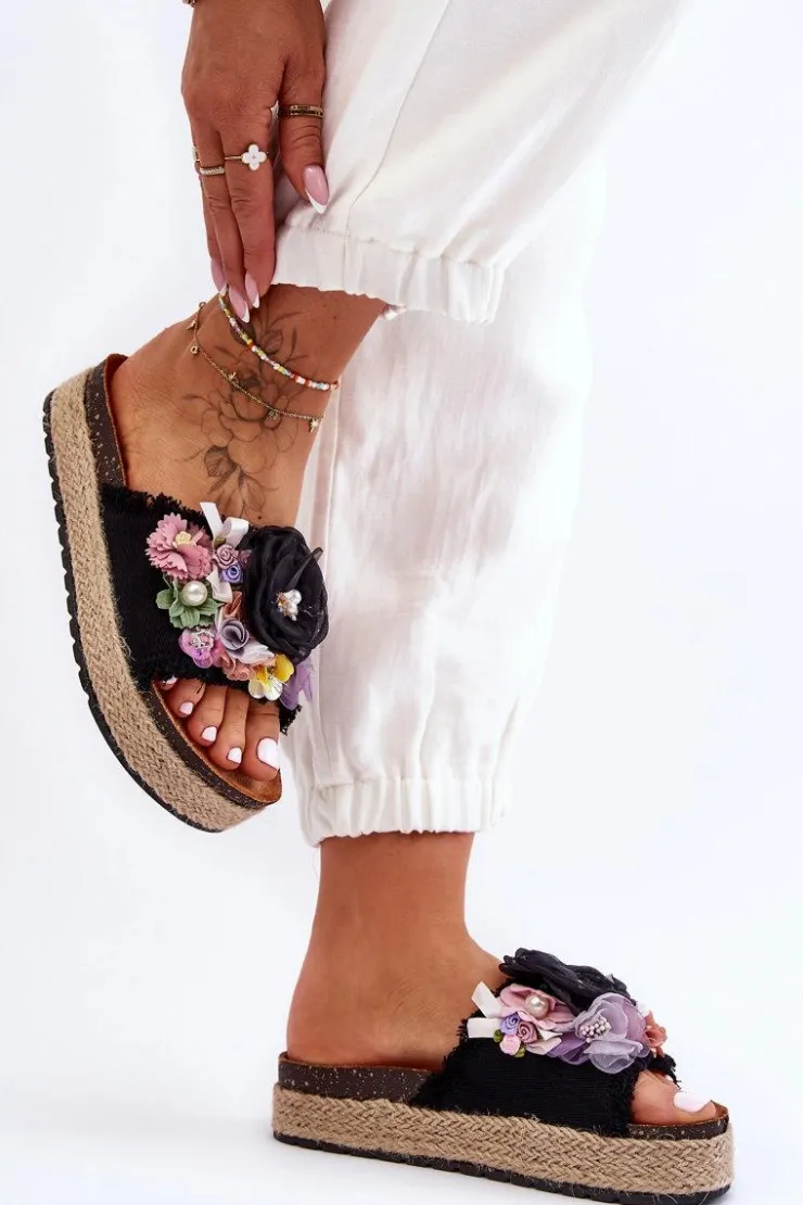 New Boto Materiałowe Klapki Z Kwiatami Czarne Nessa