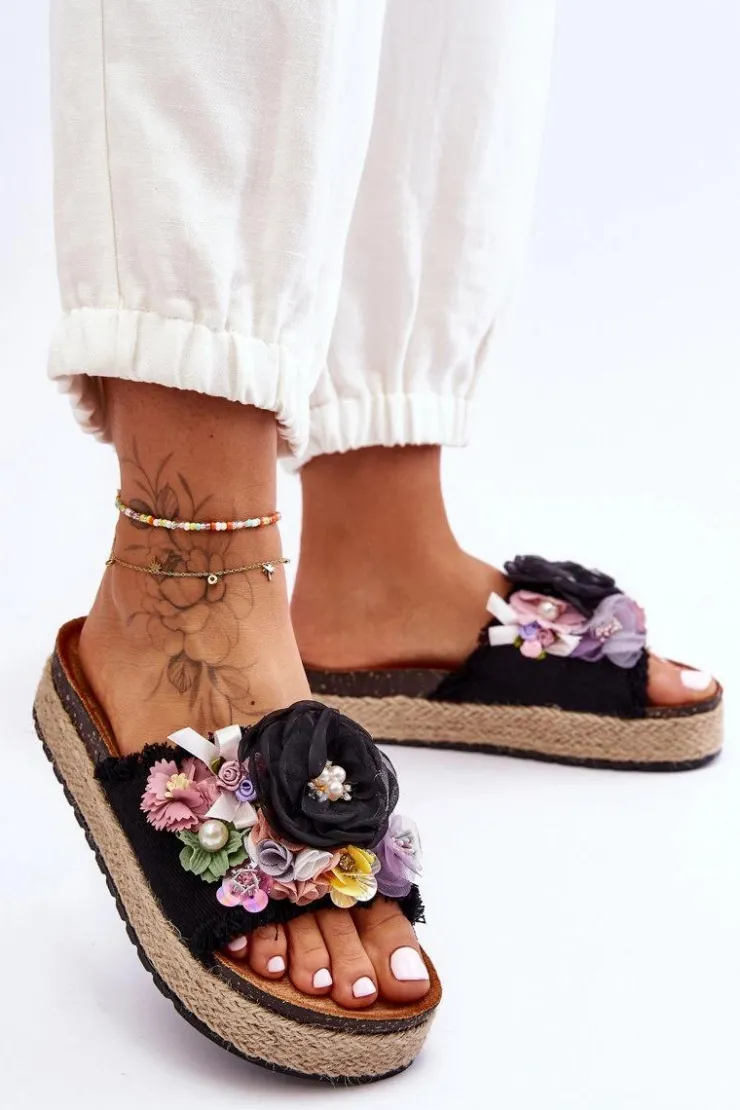 New Boto Materiałowe Klapki Z Kwiatami Czarne Nessa