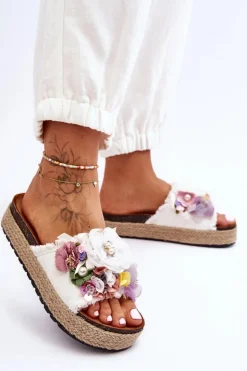 Damskie Boto Materiałowe Klapki Z Kwiatami Białe Nessa