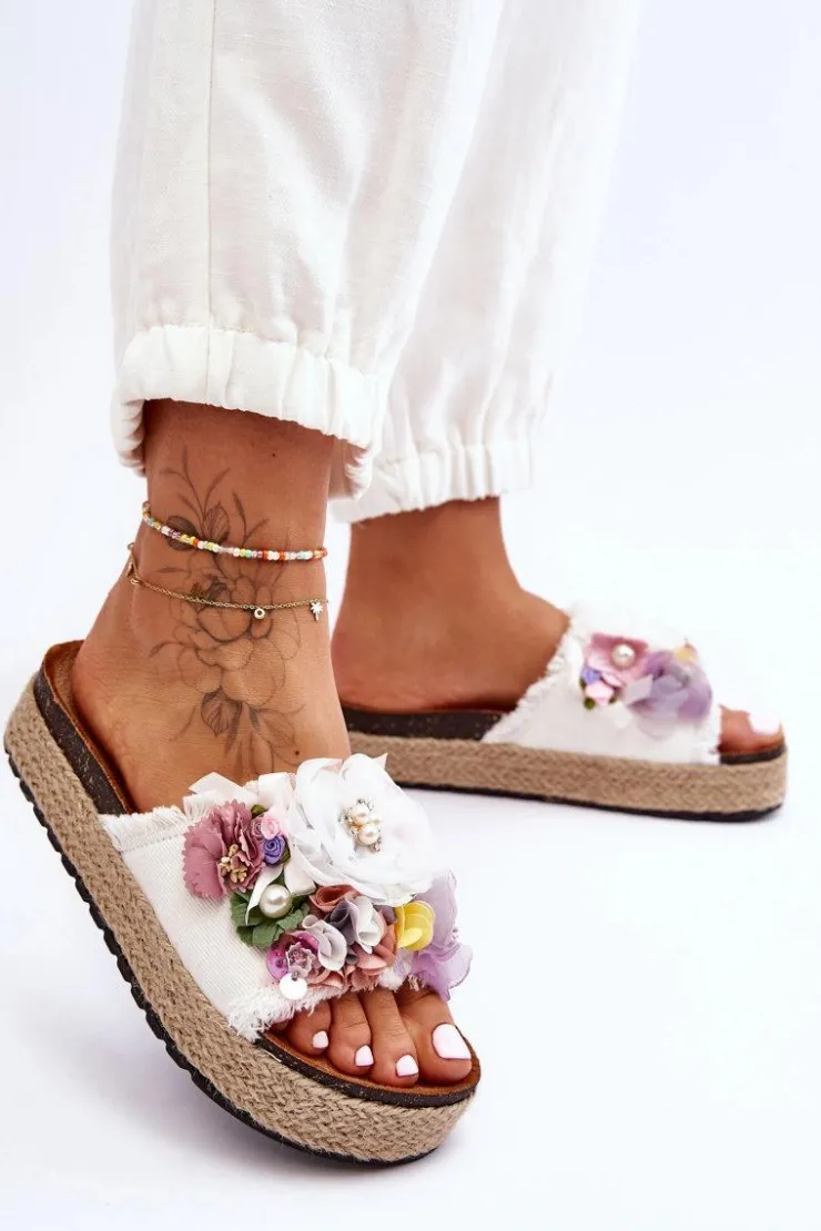 Damskie Boto Materiałowe Klapki Z Kwiatami Białe Nessa