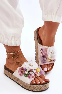 Damskie Boto Materiałowe Klapki Z Kwiatami Białe Nessa