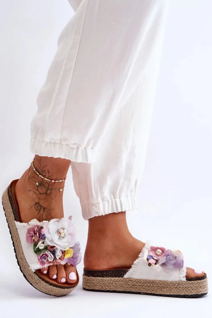 Damskie Boto Materiałowe Klapki Z Kwiatami Białe Nessa