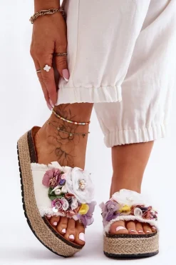 Damskie Boto Materiałowe Klapki Z Kwiatami Białe Nessa