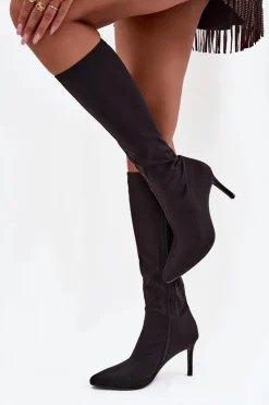 Damskie Damskie buty S.Barski Materiałowe Kozaki Damskie Na Szpilce S.Barski HY52-513 Czarne