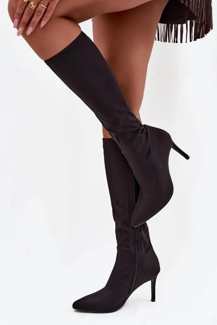 Damskie Damskie buty S.Barski Materiałowe Kozaki Damskie Na Szpilce S.Barski HY52-513 Czarne