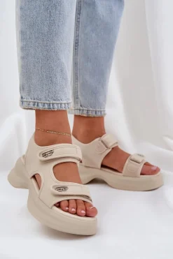 Boto Sandały Płaskie*Materiałowe Lekkie Sandały Na Platformie Jasnobeżowe Deniffia Beżowy