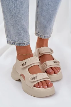 Boto Sandały Płaskie*Materiałowe Lekkie Sandały Na Platformie Jasnobeżowe Deniffia Beżowy