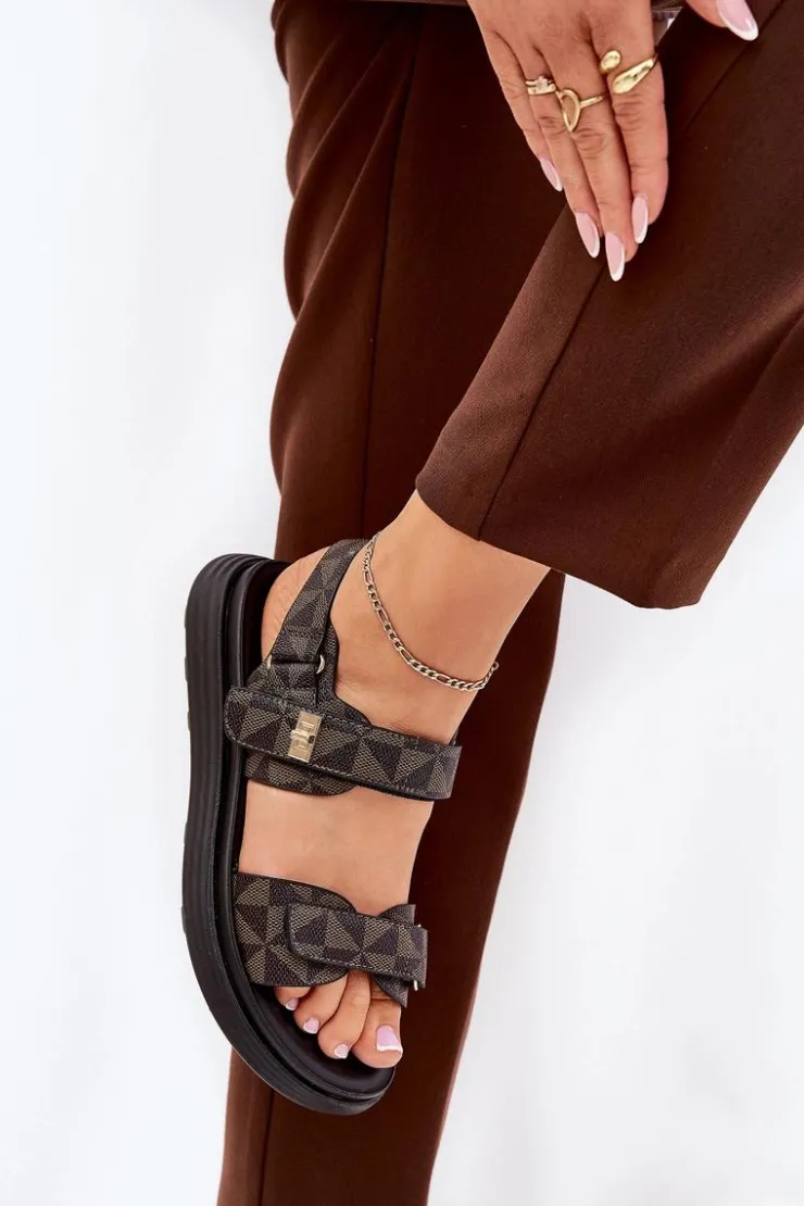 Boto Sandały Płaskie*Materiałowe Sandały Damskie Na Platformie Czarno-Brązowe Leriot