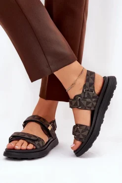 Boto Sandały Płaskie*Materiałowe Sandały Damskie Na Platformie Czarno-Brązowe Leriot