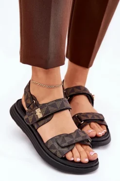 Boto Sandały Płaskie*Materiałowe Sandały Damskie Na Platformie Czarno-Brązowe Leriot