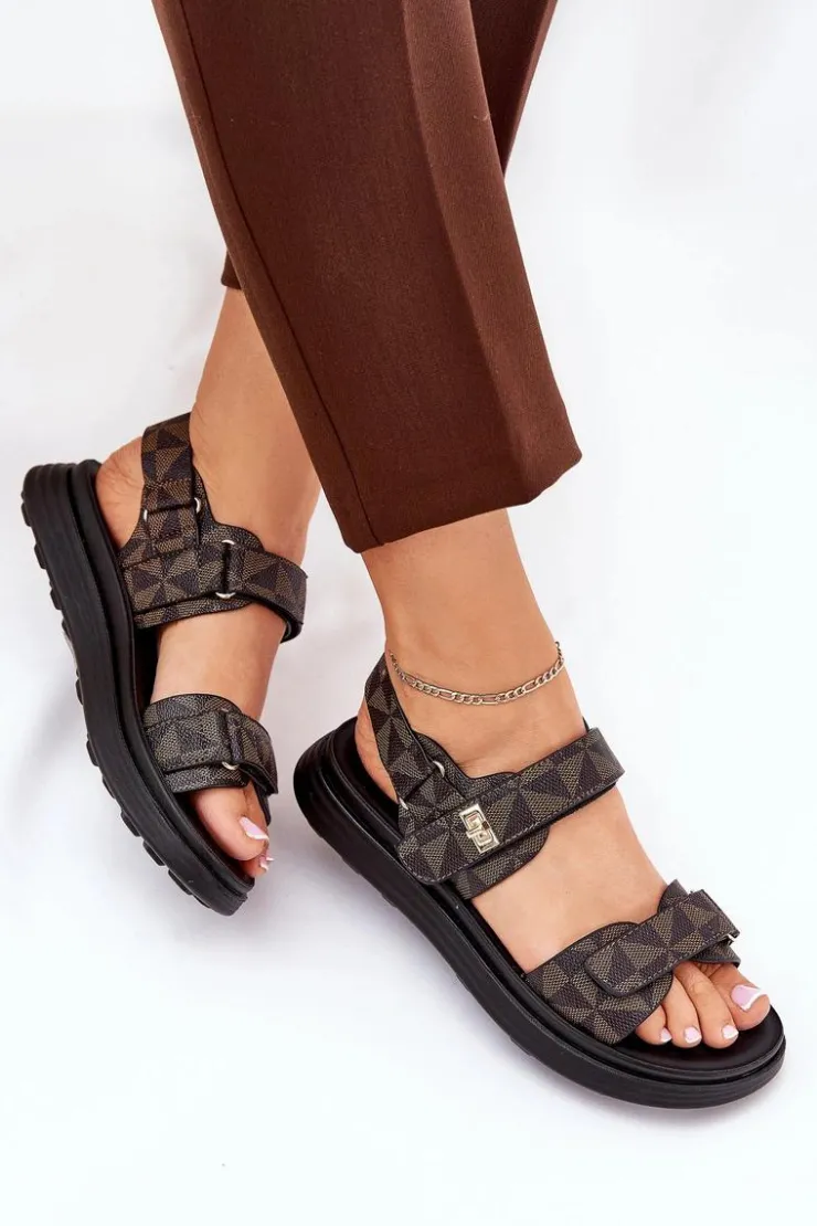 Boto Sandały Płaskie*Materiałowe Sandały Damskie Na Platformie Czarno-Brązowe Leriot