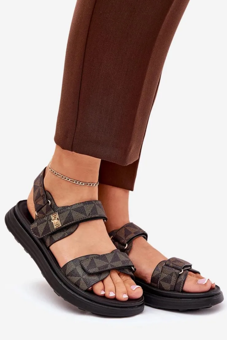 Boto Sandały Płaskie*Materiałowe Sandały Damskie Na Platformie Czarno-Brązowe Leriot