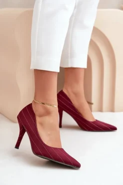 Boto Czółenka Klasyczne*Materiałowe Szpilki Damskie W Paski Bordowe Tifidra Czerwony