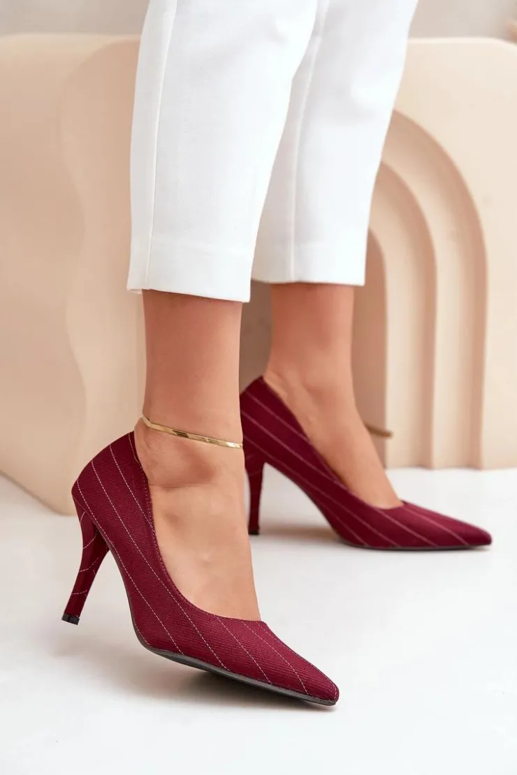 Boto Czółenka Klasyczne*Materiałowe Szpilki Damskie W Paski Bordowe Tifidra Czerwony